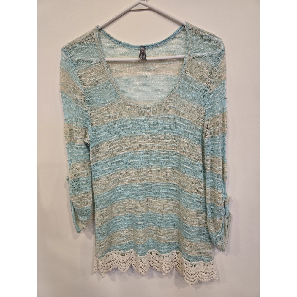 Vanity Sheer Knit Top Crochet Hem Blue Beige Striped Boho Coastal Sweater Size S